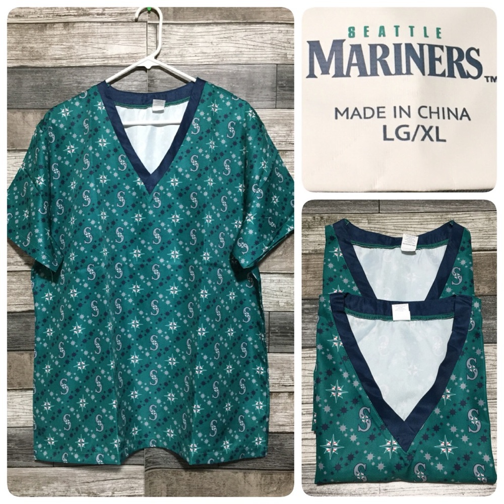Lot Of 2 Seattle Mariners MLB Scrub Top Adult Size L/XL Blue Green V Neck